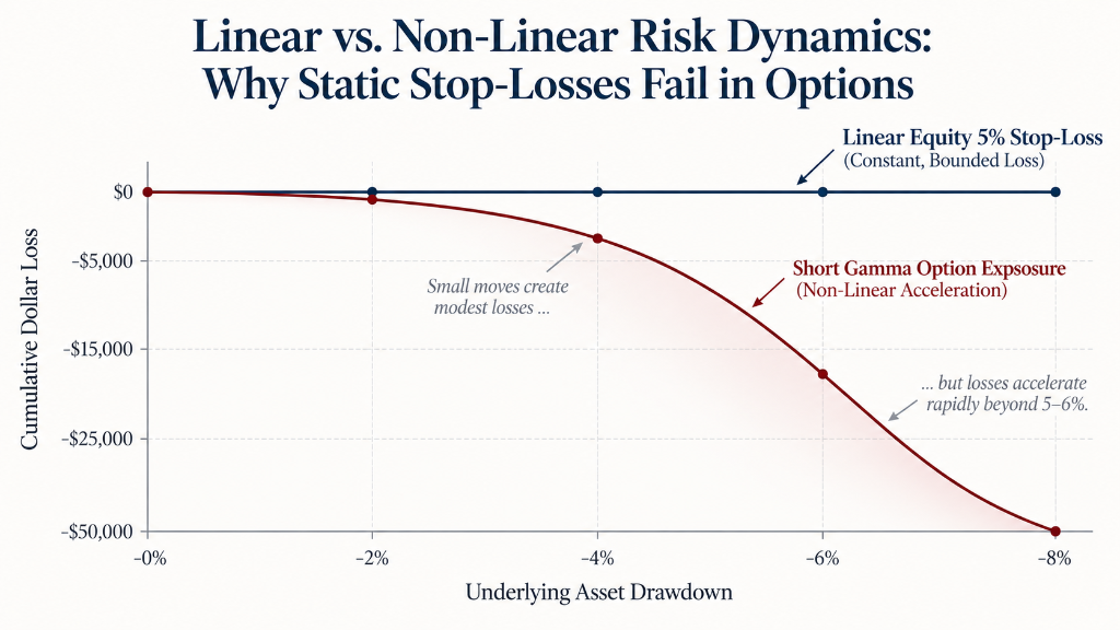 Plate II: Linear vs. Non-Linear Risk Dynamics — Why Static Stop-Losses Fail in Options Portfolios