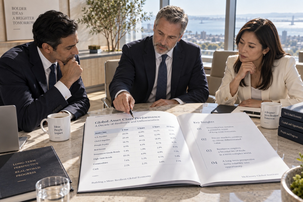 Plate VII: Multi-Year Resilience & Asset Class Performance — Senior Investment Partners Reviewing McKinsey Global Institute Long-Term Differentiation & Stress-Testing Findings